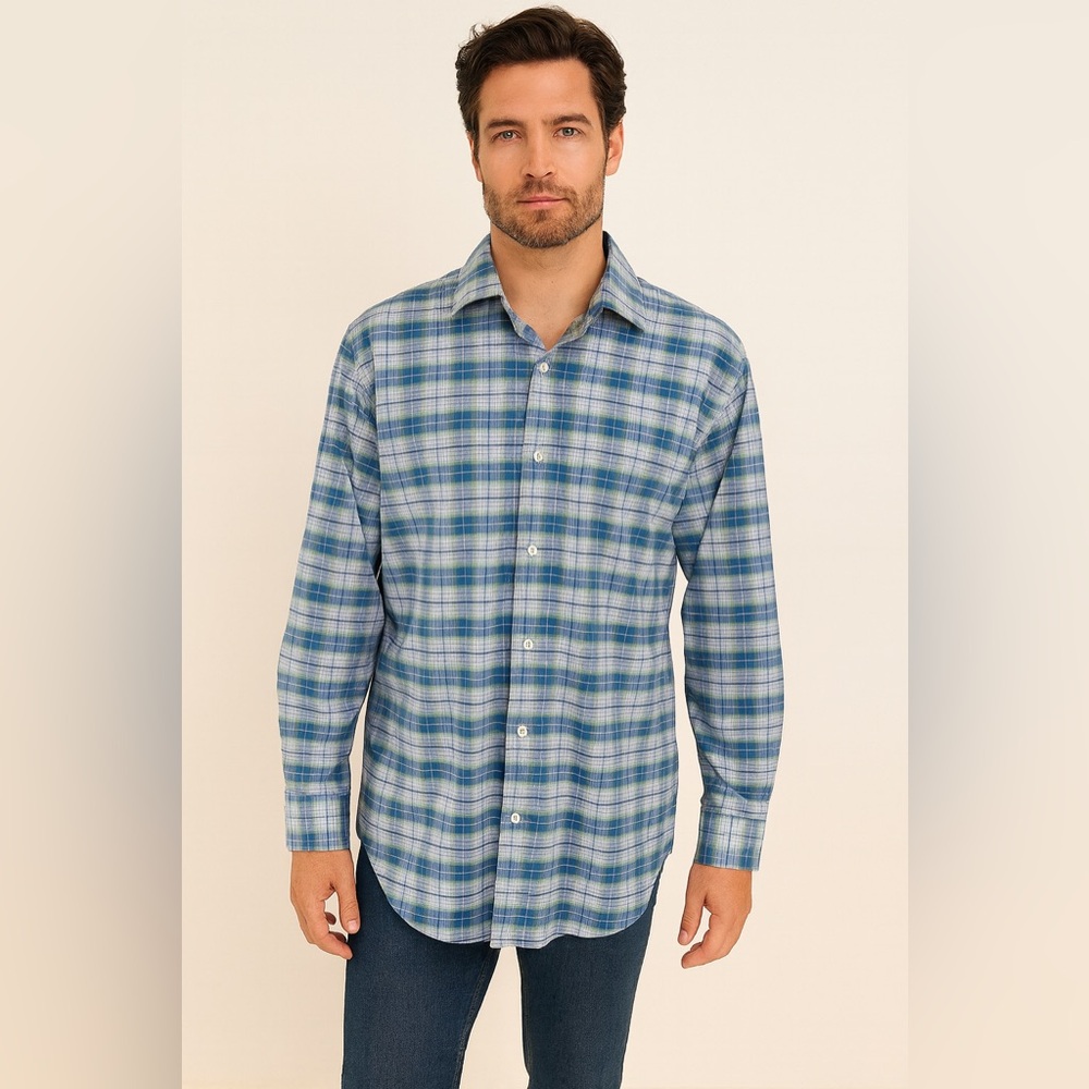 Mizzen + Main Shirt Blue Plaid Performance Stretch No Size Tag XL Or Lar…